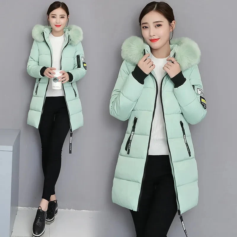 Women\'s Mid-Length Hooded Coat, Cotton-padded Jacket, Korean Large Fur Collar, Slimt, Thick, Warm, Parker Coats, Winter, New