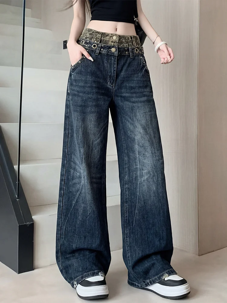 

plus Size American Style Straight Leg Jeans Women's Trendy Loose Fit Slimming Wide Leg Pants High Waist Distressed Denim