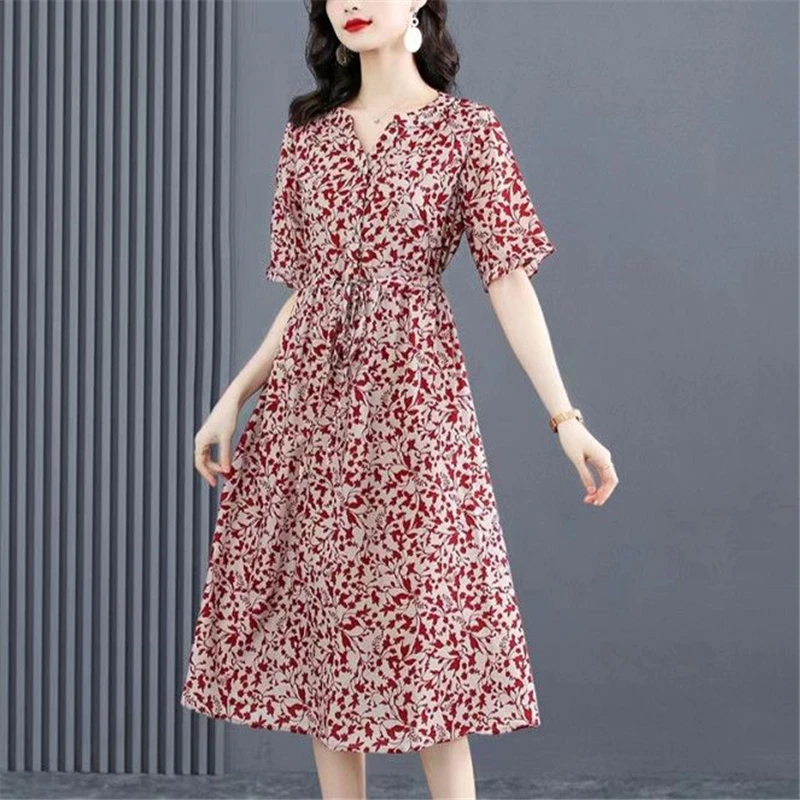 Women's Clothing Summer Print V Neck Lace Up Elegant Party Dress Fashion Casual Short Sleeve Loose Beach Midi Dresses Vestidos