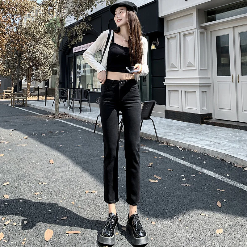 

Прямые женские джинсы, удобные винтажные потертые черные джинсовые брюки с высокой талией для отдыха, мешковатые брюки в стиле ретро