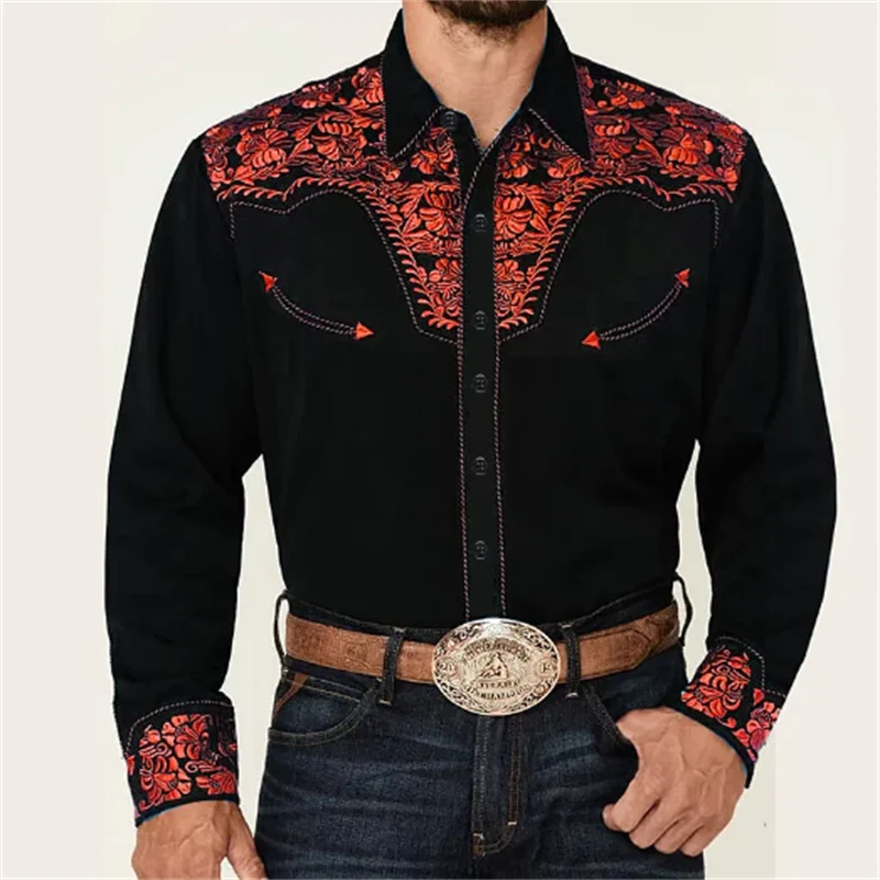 2024 Western Tribal Ethnic Lapel Men's Casual Sports Outdoor Street Long Sleeve Button Tops Shirt Suit Lapel Clothing