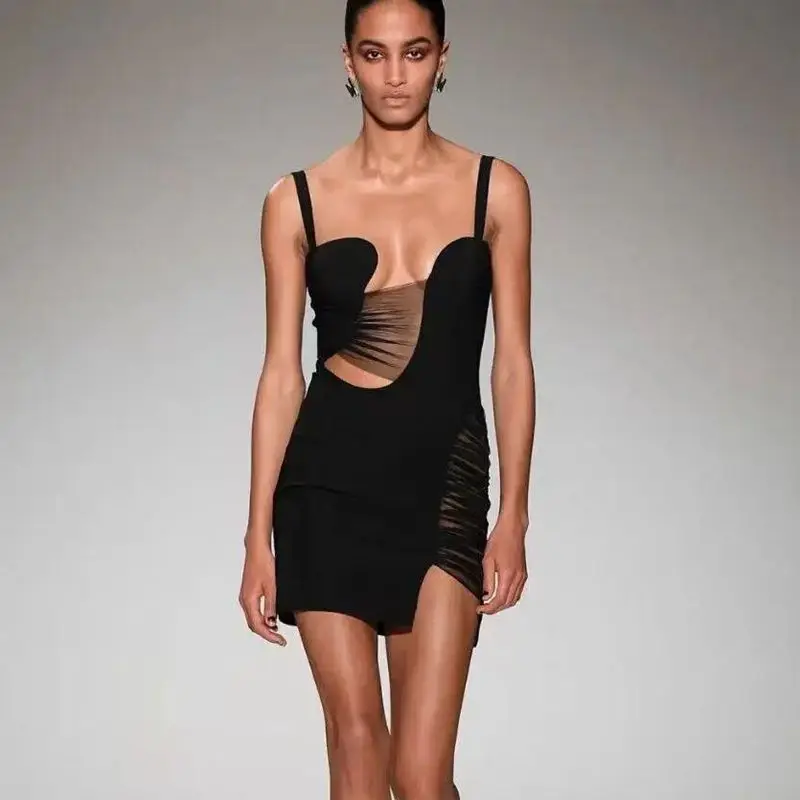 

2026 New Women Celebrity Sexy Sleeveless Hollow Out Transparent Black Midi Bodycon Dress Elegant Evening Club Party Dress