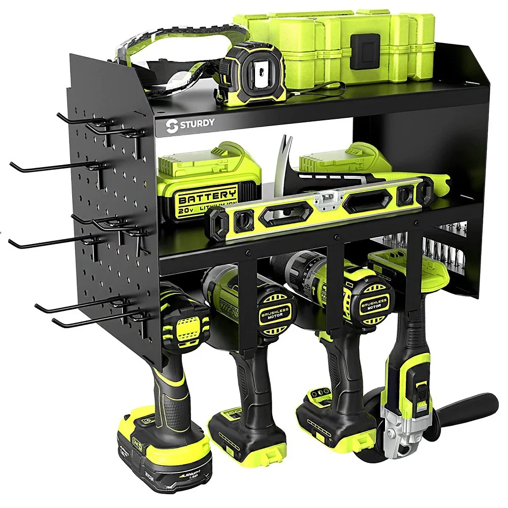 

Iron perforated side panel power tool storage rack, electric drill wall three-layer hanger, wall-mounted metal tool rack