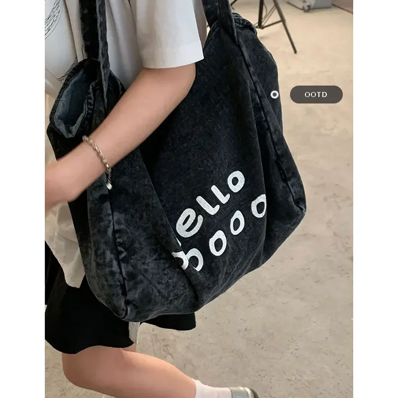 

Letter Washed Denim Tote Cloth Bag for Women Casual Large Capacity Single Shoulder Bags 2025 New