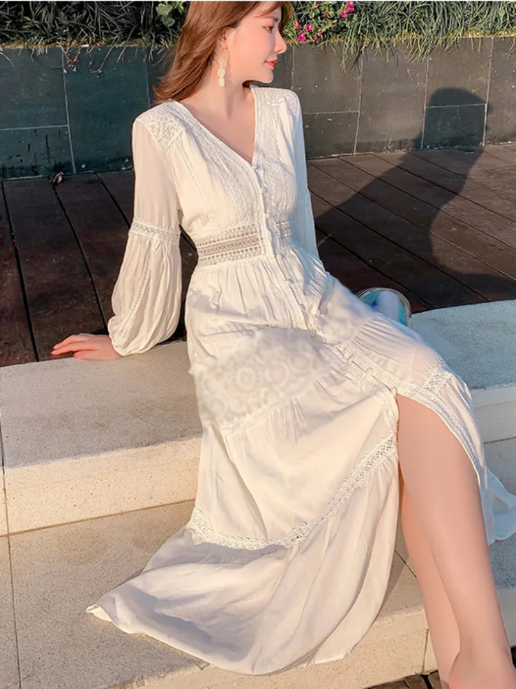 SMTHMA Summer Lace Dress Beach Holiday Boho White Linen Cotton Plus Size Long Dresses for Women Hollow Out Casual Robe Vestidos