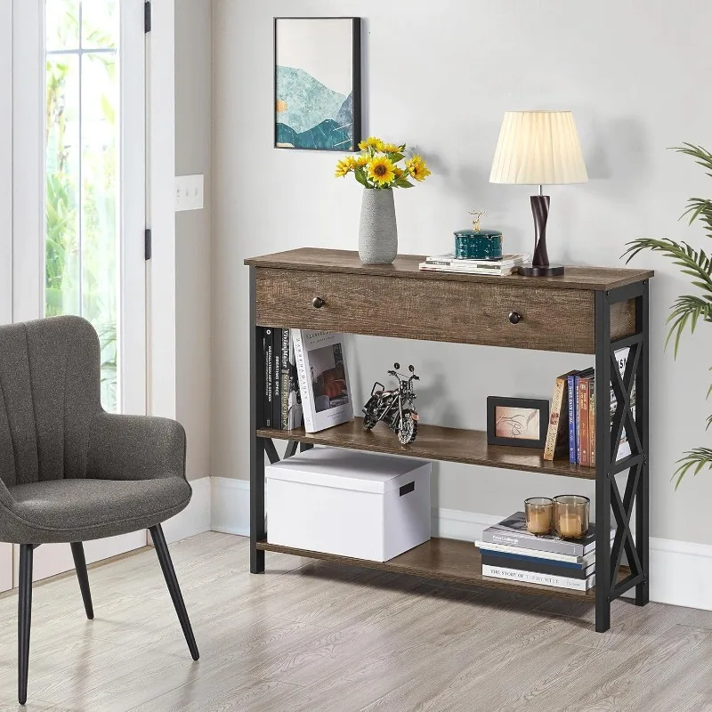 Console Table with Drawer and 2 Open Storage Shelves, Sofa Table for Living Room, 3-Tier Narrow Entryway Table, X-Shaped Design