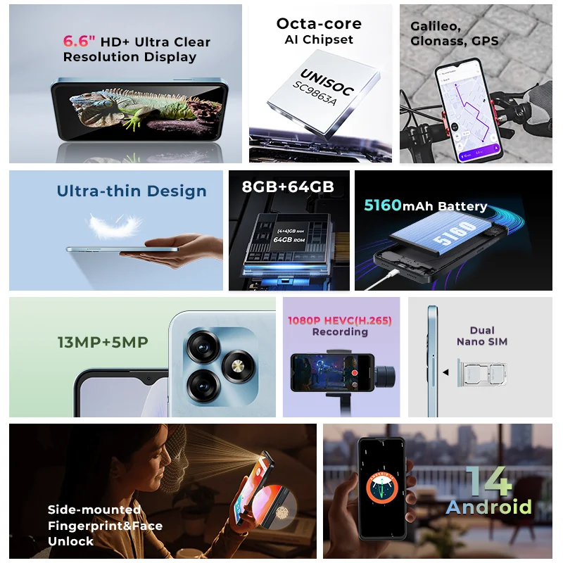 هاتف ذكي HOTWAV Note 15 بشاشة 6.6 بوصة HD + شاشة أندرويد 14 5160 مللي أمبير في الساعة هاتف محمول 8(4+4) جيجابايت + 64 جيجابايت ثماني النواة 13 ميجابكسل هاتف محمول رفيع للغاية