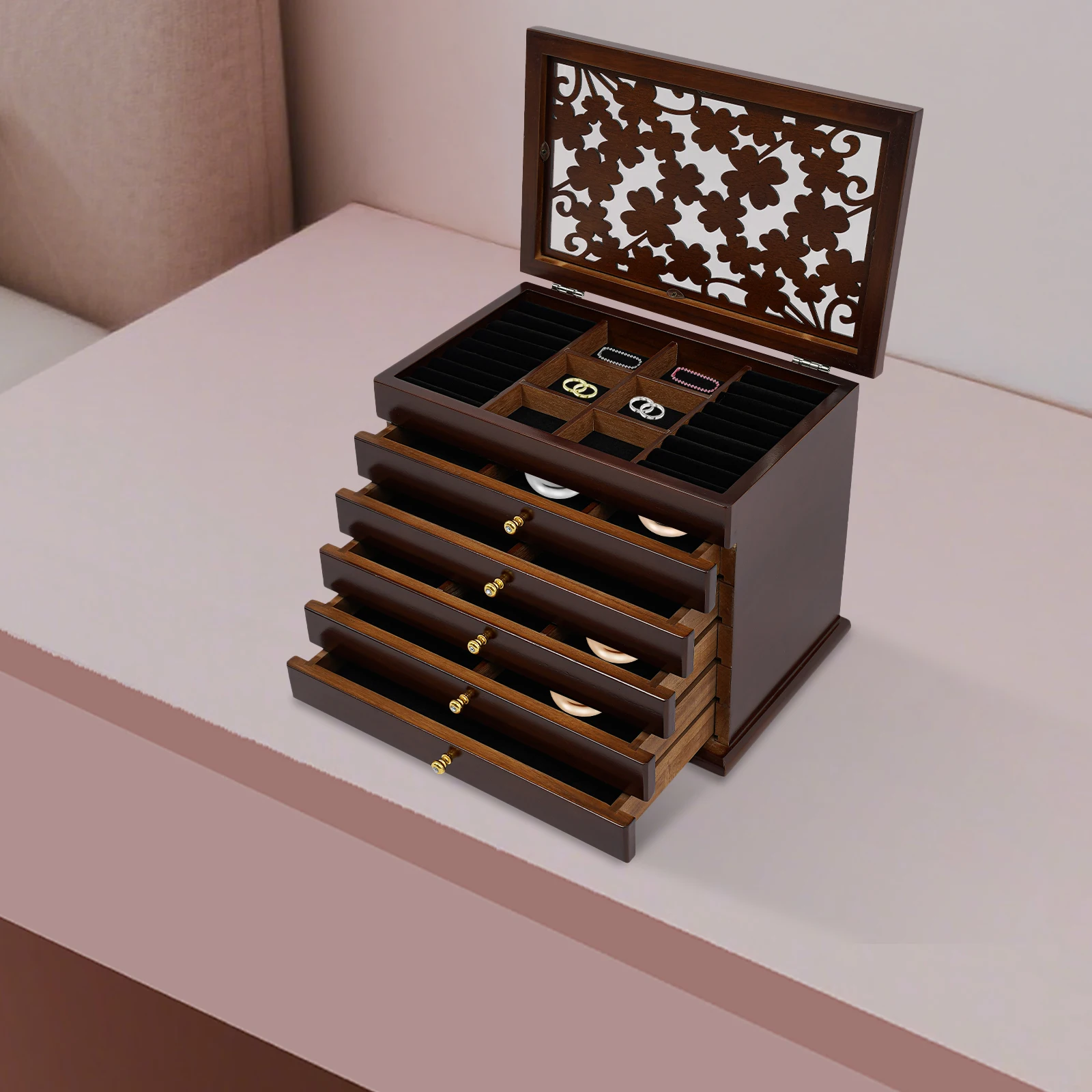 

Jewelry Boxes, 6-Layer Wooden Jewelry Organizer without Mirror, Walnut Jewelry Storage Chest for Rings, Earrings, Necklaces
