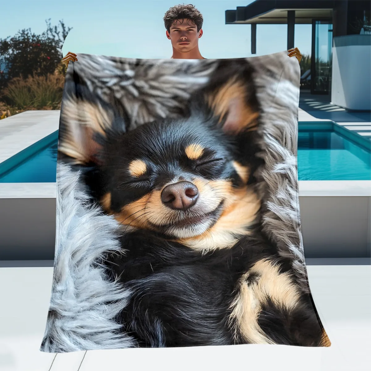 Custom Long Haired Chihuahua Blanket Dog Photo Fleece Throw All Season Soft Warm Bedding Home Decor Gift for Dog Lovers