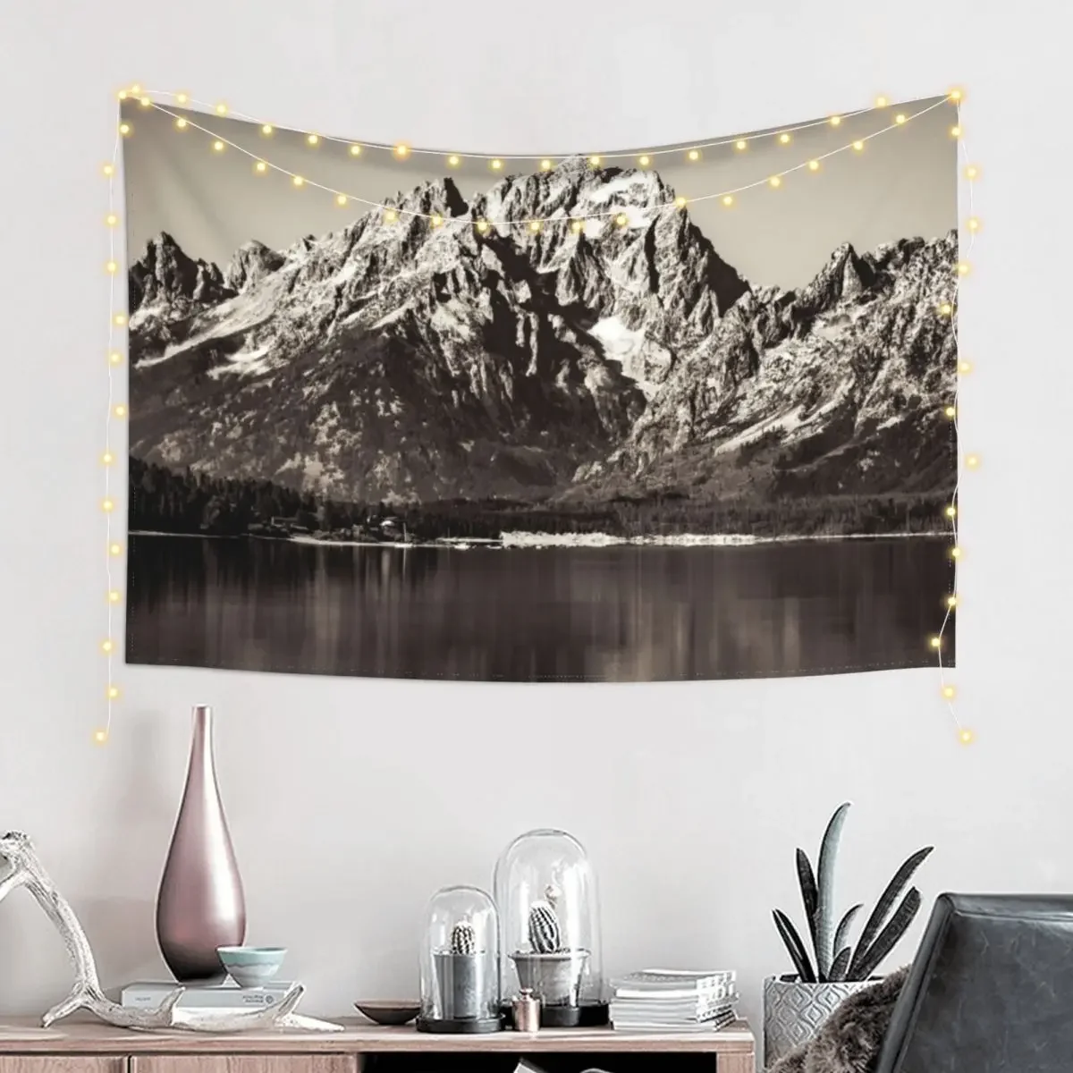 Mountains Forest Oxbow Bend Nature Landscapes - Black and White Grand Tetons National Park Tapestry