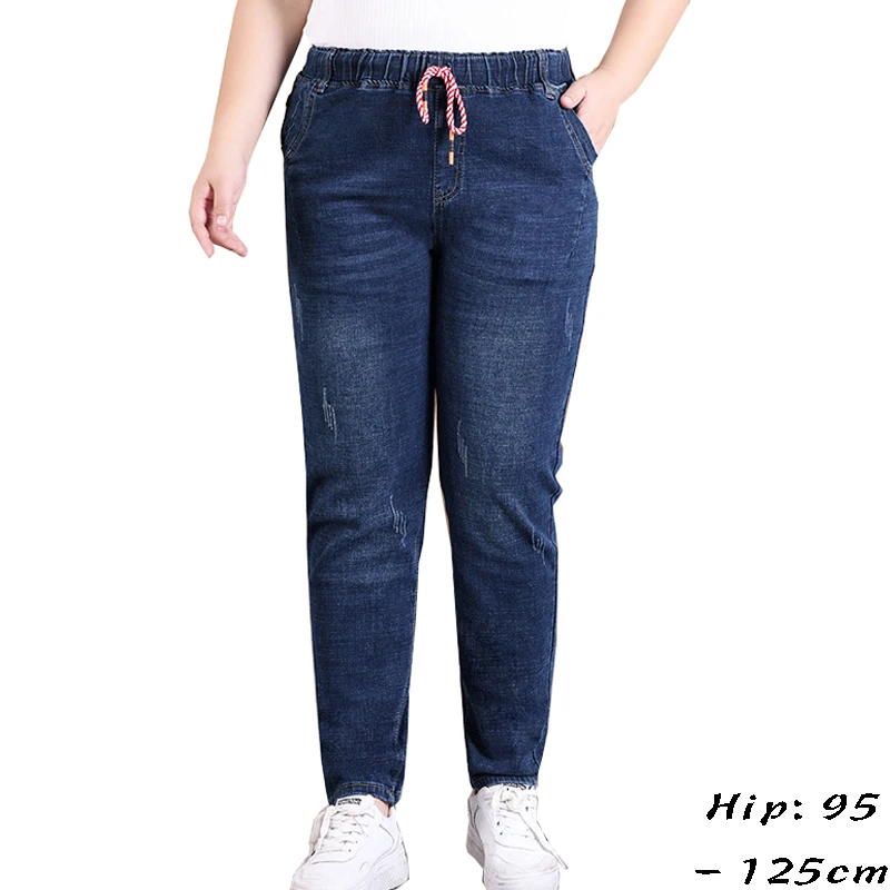 

High quality jeans for women big size stretch fabric elastic waist cotton denim ripped washing casual trousers blue black