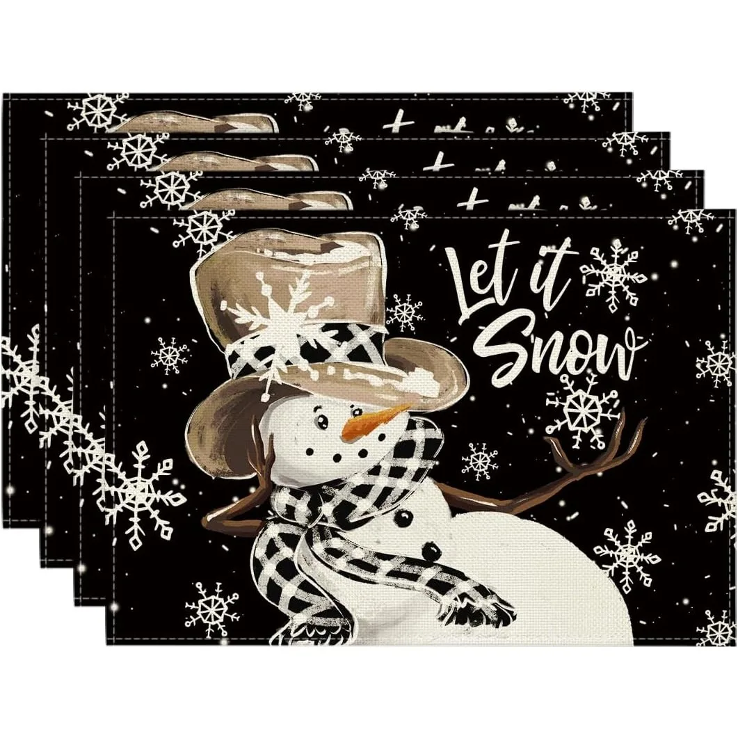Black Snowman Snowflakes Let it Snow Winter Placemats Set of 4 12x18 Inch Seasonal Christmas Table Mats for Party Decoration