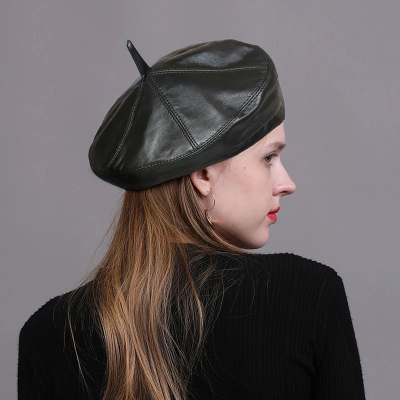 Fashion 2023 Women Spring/Winter British Genuine Leather Painter Hat Female Retro Korean Octagonal Bonnet Pink/Khaki Beret