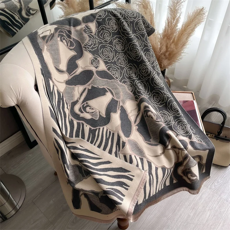 Luxury Cashmere Floral Scarf Winter Women Pashmina Shawls Warm Blanket Wraps Female Foulard Bandana Brand Thick Scarves Hijab