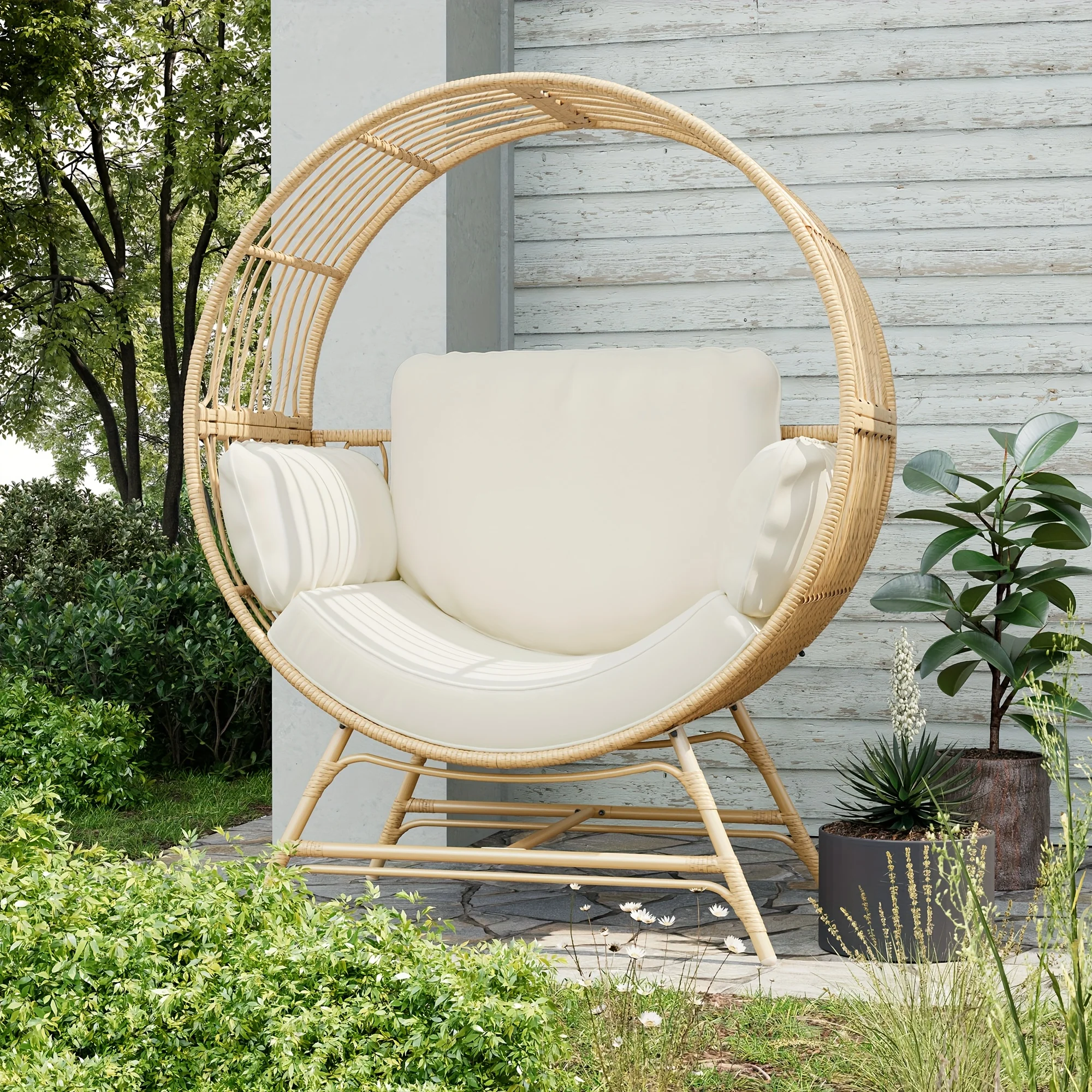 

Wicker Round Egg Chair, Oversized Outdoor Lounger For Patio, W/ 4 Cushions, Steel Frame, 330lbs, Rattan Moon Chair