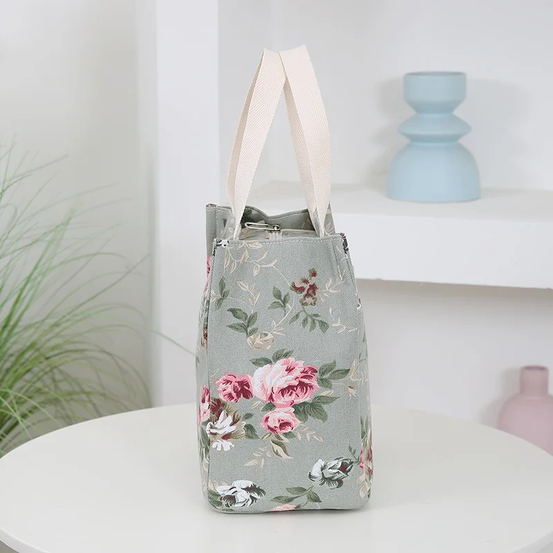 New canvas flower printed fabric handbag, work portable multi-pocket zipper semi-closed daily clutter storage bag, bento bag