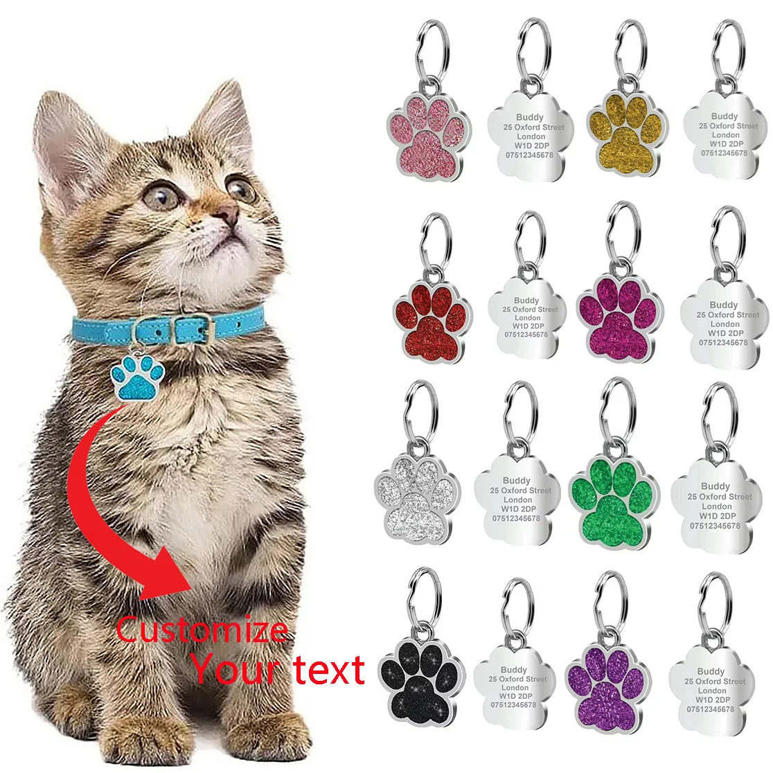 

Customized Personalized Metal Pet ID Card Sparkling Rhinestone Cute Pet Cat and Dog Name Tag anti-lost Pet Collar Accessories