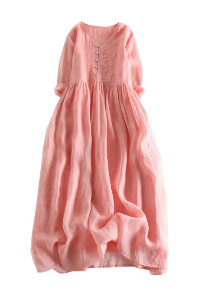 Gestickte Baumwolle Leinen Casual Sommer Dr Damen Lose Taille A-Linie Langer Rock Blumenmuster V-Ne Svel Dr