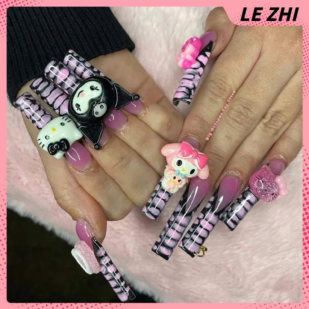 High-End Customizable Xxl Long Square Coffin Fake Nail Art Hello Kitty Mymelody Y2K Spice Girl Diamond Handmade Party Sticker