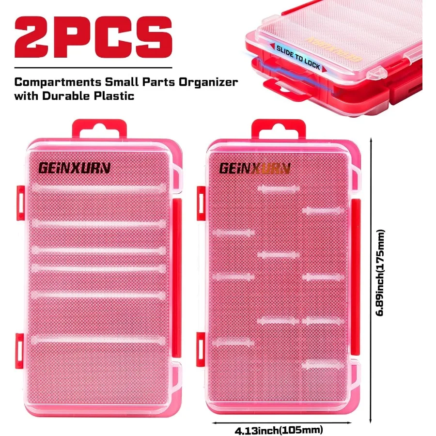 Organizador de piezas de almacenamiento plano pequeño, caja de herramientas de piezas pequeñas de plástico transparente portátil roja con divisores extraíbles para uso eficiente, 2 uds.