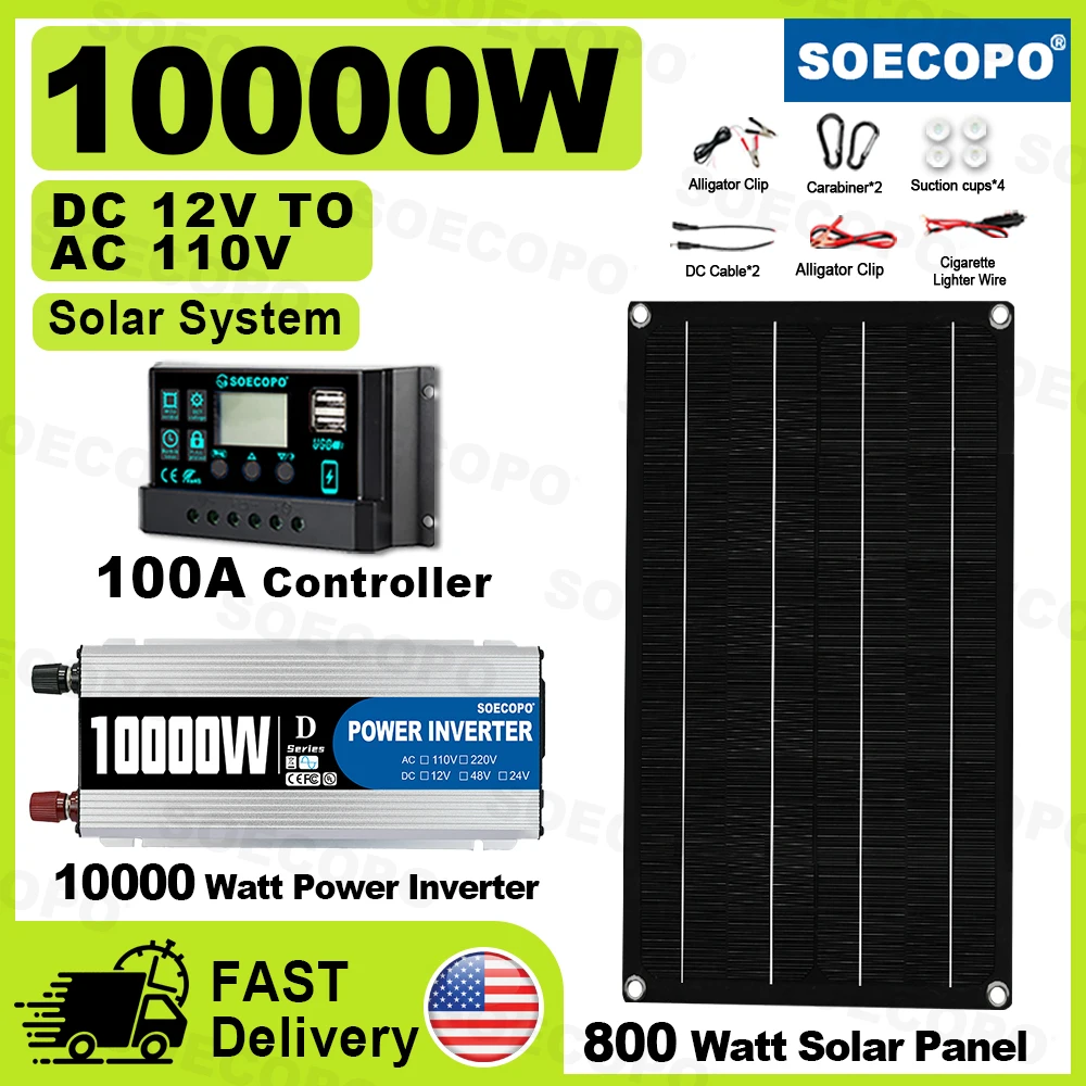 

(U.S Stock 2-8 days)SOECOPO 10000W Solar Power System Kit 800W Panel 100A Controller DC 12V to AC 110V Inverter Camping Home