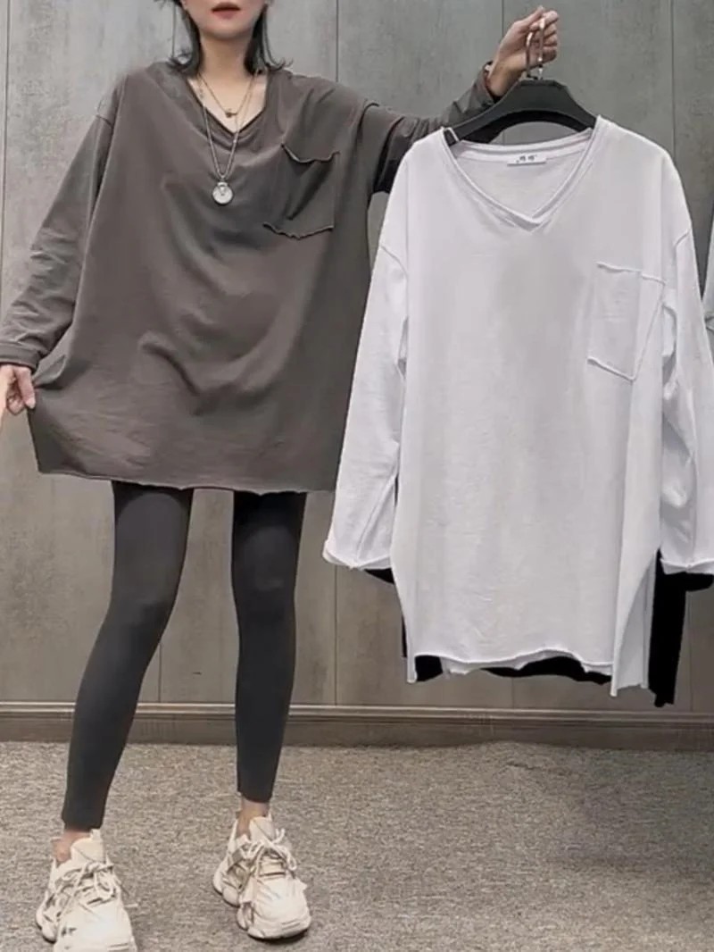 

plus Size Women's Long Sleeve V-Neck Loose Top Spring Season Casual Style Mid-Length Cover-Up Base Layer T-Shirt for plus Siz...