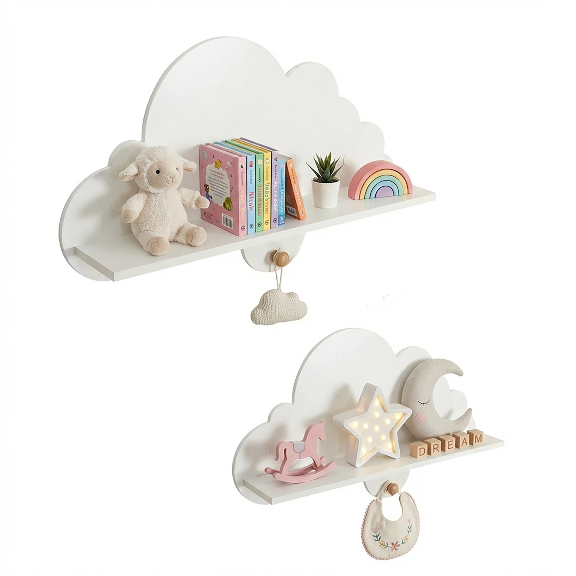 

2PCS Floating Cloud Shelves w/ Solid Wood Hanging Hooks, Cute Corner Bookshelves