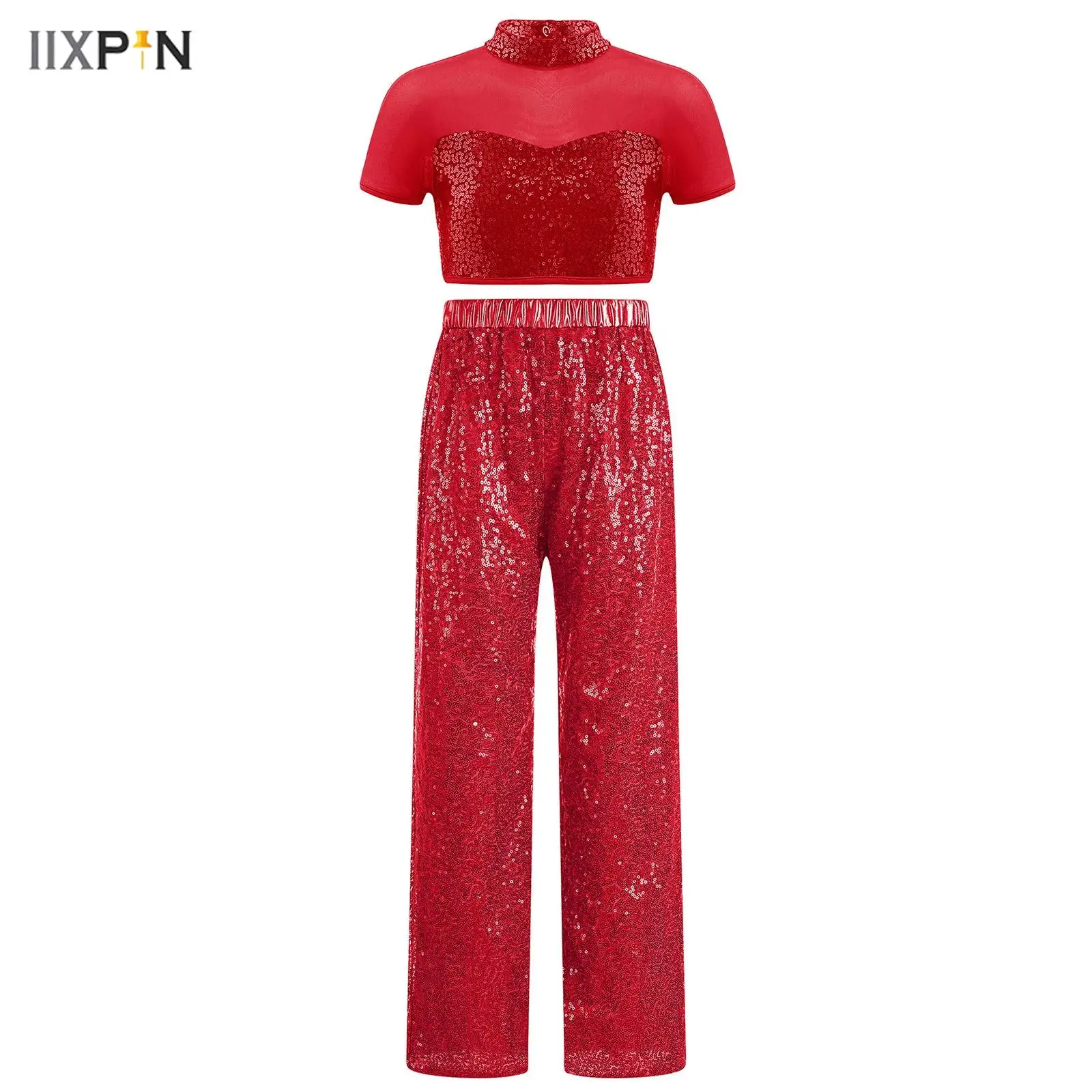 

Kids Girls Jazz Latin Dance Outfit Streetwear Mock Neckline Short Sleeve Mesh Patchwork Cutout Back Shiny Sequins Crop Top+Pants
