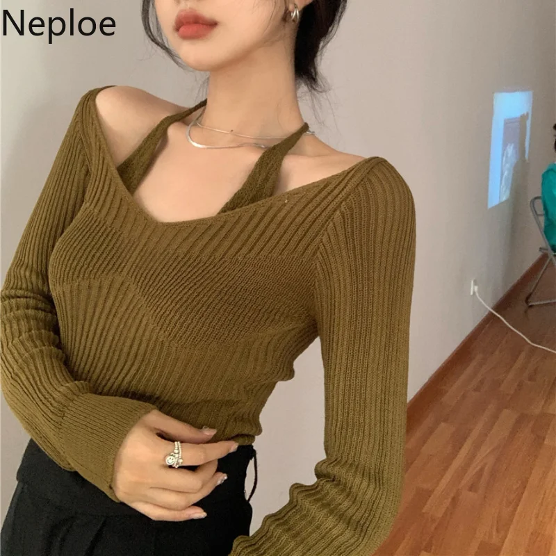 Fashion Women Cropped Sweater Korean V Neck Y2K Tops Pullover Halter Off Shoulder Sweaters Long Sleeve Fake Two Piece Clothes