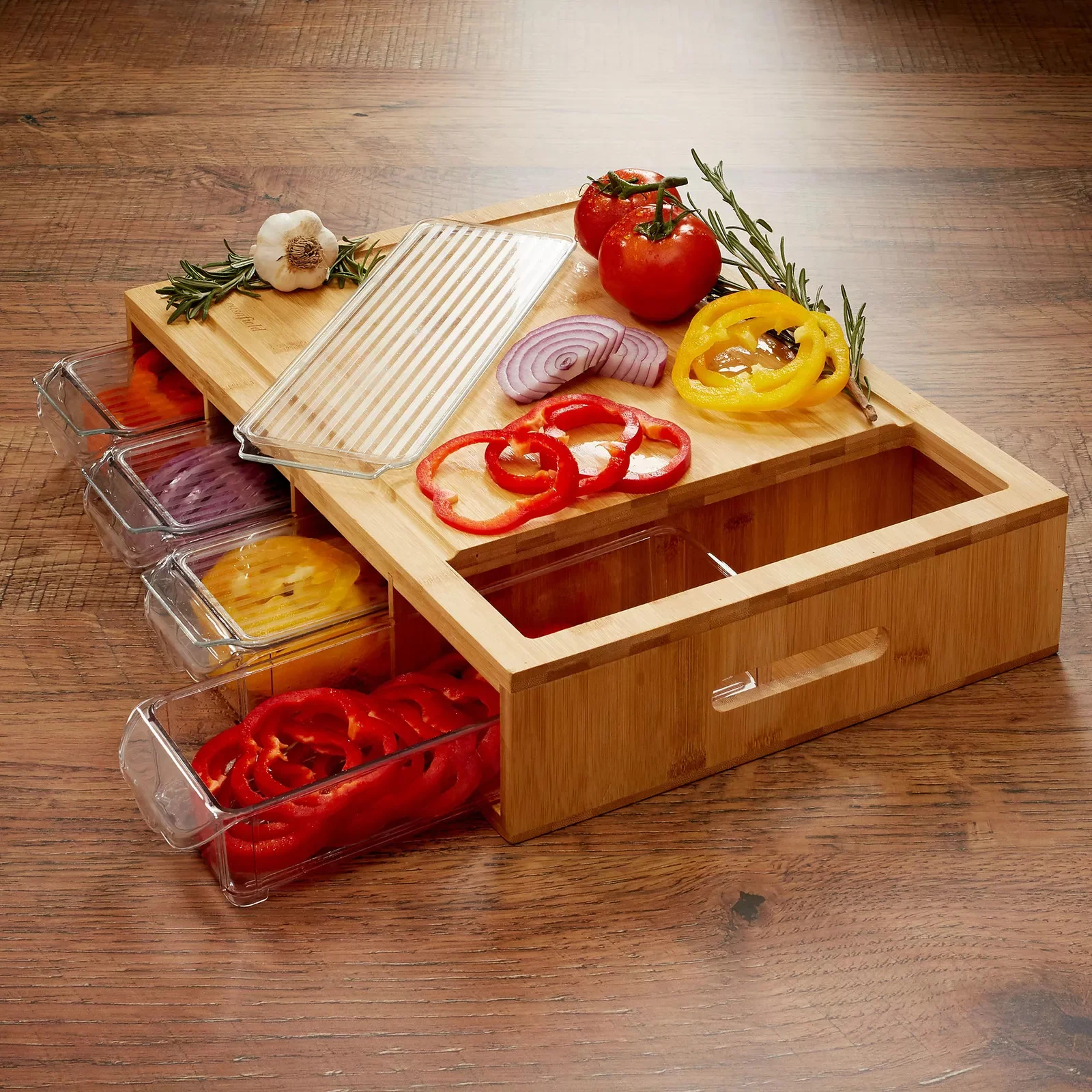 

Bamboo Cutting Board Set with Juice Groove & Food Storage Container Trays, Lids