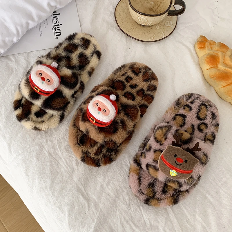 Christmas Kids Plush Slippers Winter Cute Santa Warm Girl Plush Shoes Home Soft Flurry Non-slip Children Fashion Cotton Slippers