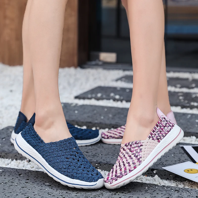 Women Men Walking Fitness Mesh Weave Slip-On Light Loafer Summer Sports Shoes Outdoor Flats Breathable Sneakers Big Size 35-44