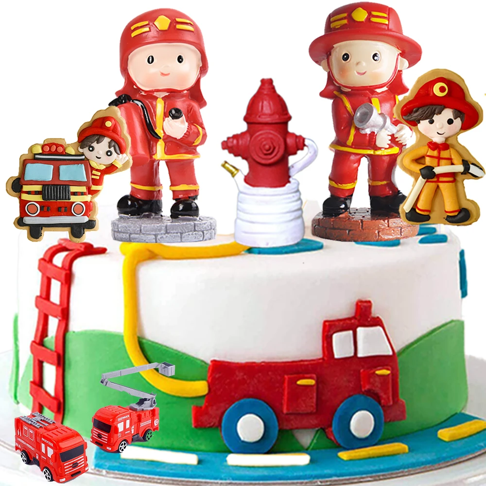 Fireman Birthday Cake Decoration Firefighter Firetruck Cake Topper Banner for Kids Boys Party Decor Baby Shower Baking Supplies