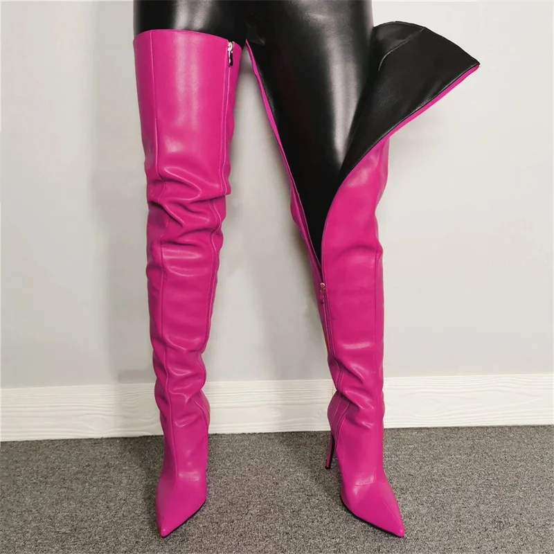 

Over The Knee High Leather Boots Stiletto High Heels Pointy Boots Women Big Size 46 Comfortable Thin Heel Tall Boots Candy Color