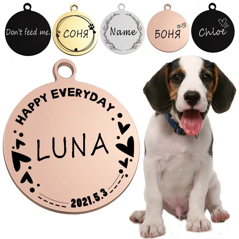 Personalized Pet Cat Dog ID Tag Collar Accessories Circle Custom Engraved Necklace Chain Charm Supplies For Dog Tag Name Product