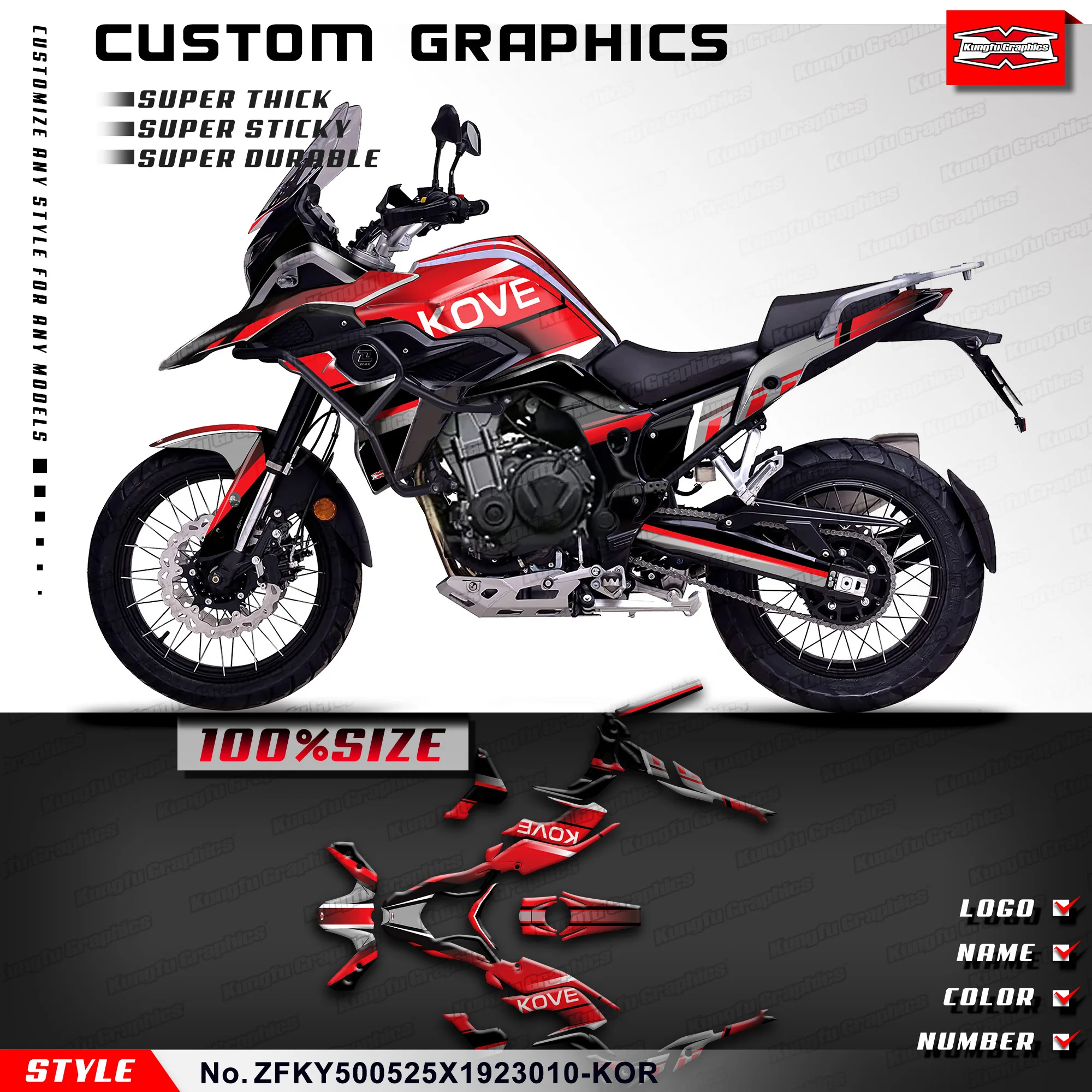 KUNGFU GRAPHICS Motorcycle Graphics Stickers Complete for KOVE 500 X 525 X 2019 2020 2021 2022 2023,   ZFKY500525X1923010-KOR