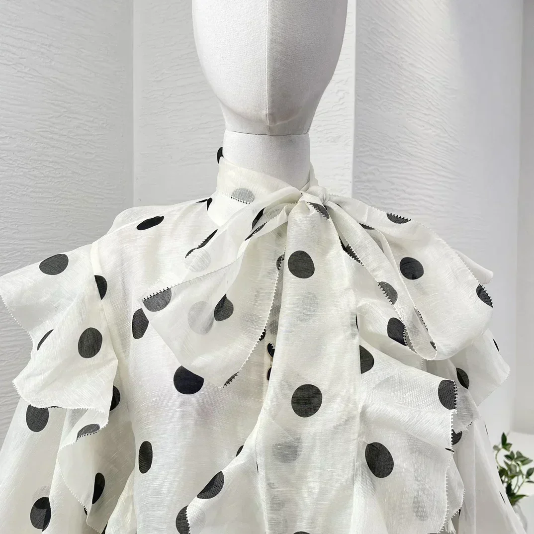 2024 Nieuwe Witte Linnen Zijde Hoge Kwaliteit Dot Print Lange Mouw Ruches Vrouwen Blouse Tops En Rok Set Vakantie Outfit