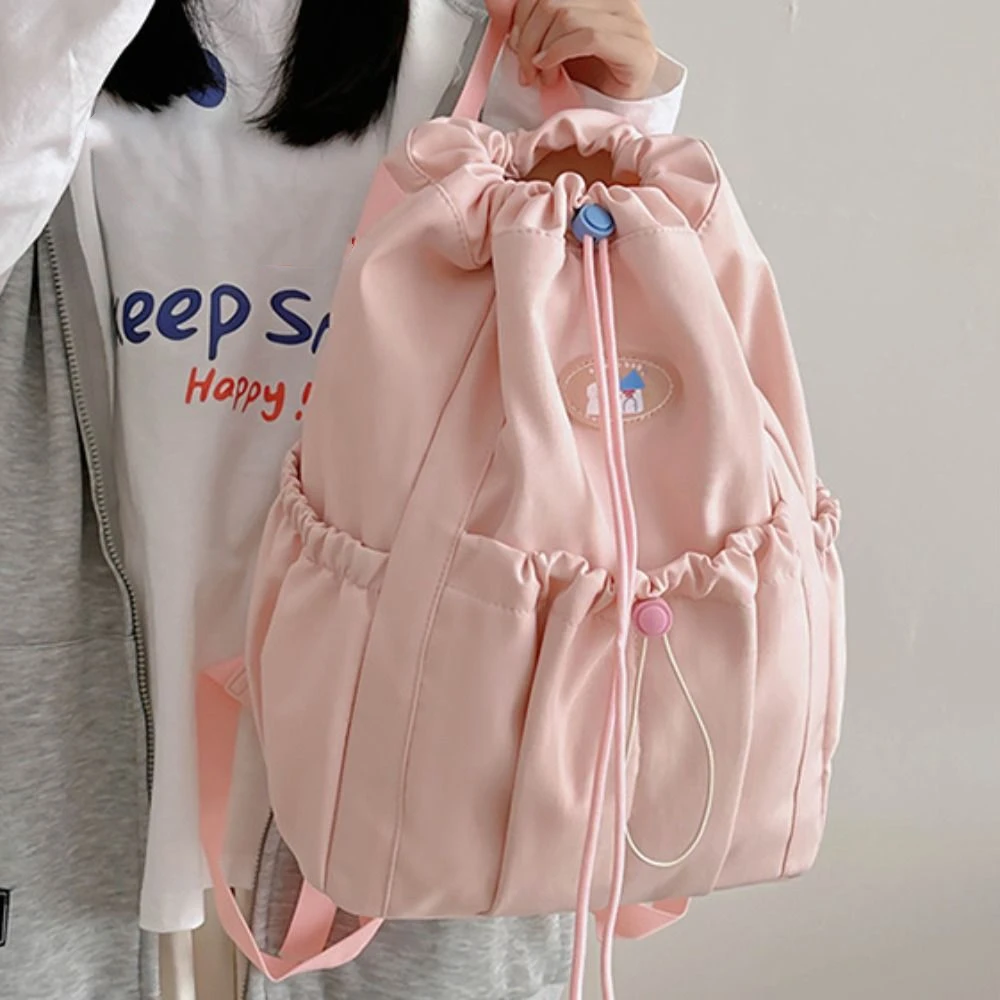 

Solid Color Fresh Color Drawstring Backpack Large Capacity Nylon Students School Bag Korean Style Storage Bag Shoulder Bag