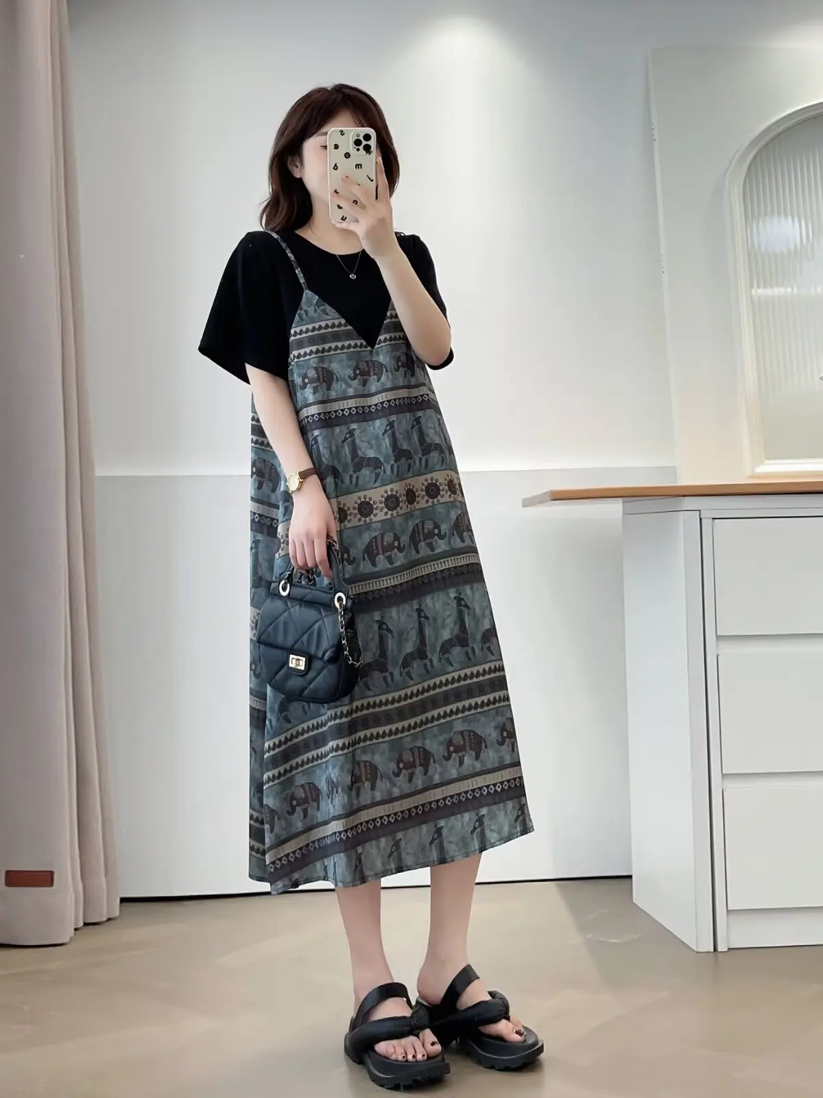 Summer 2025 plus Size Women's round Neck Print Splice Deer Pattern Fake Two-Piece Dress Slimming Midi Skirt Commute Elegant