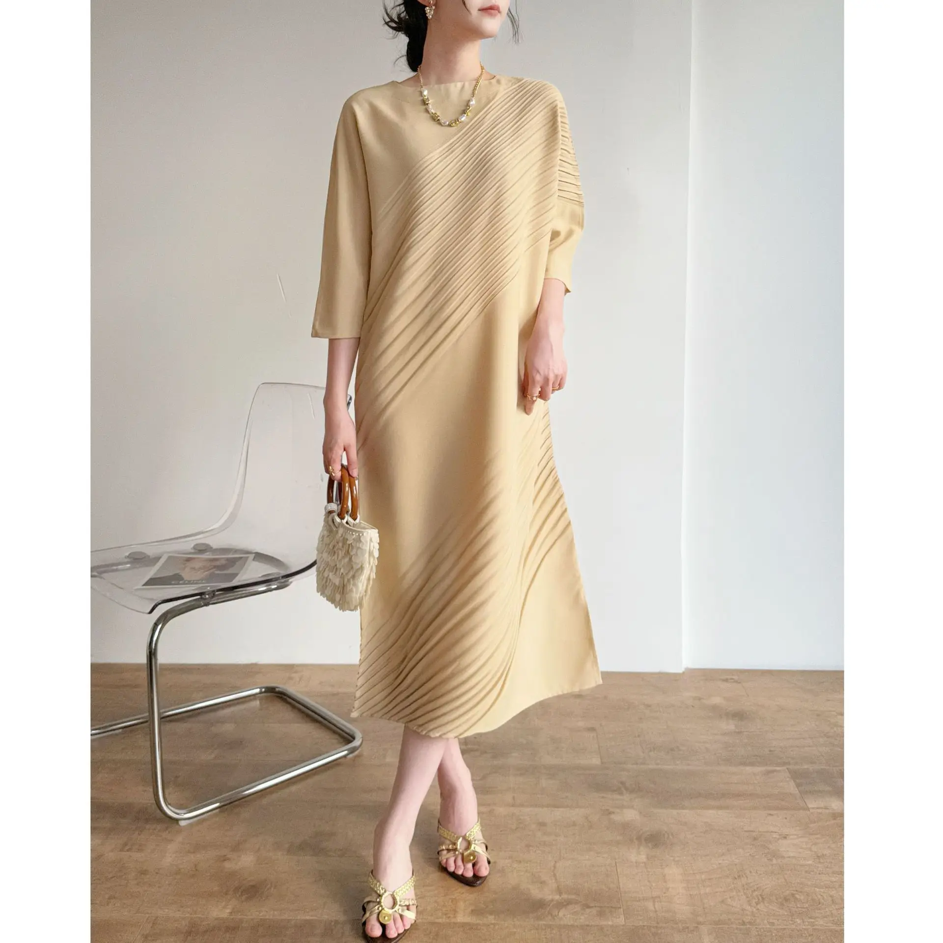 

2026 New Miyake Pleated Dress Women Loose Irregular Hem Solid Color Crew Neck Half Sleeve Casual Dresses