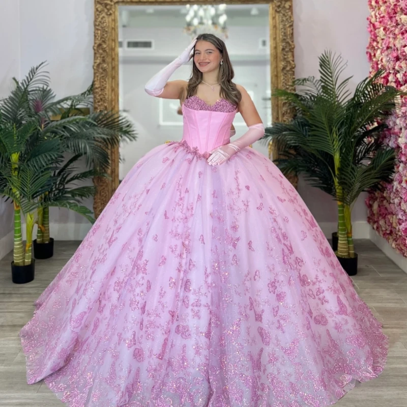 

Розовые блестящие платья Quinceanera с открытыми плечами и блестками, аппликация, бант, бисер, кристалл, корсет, тюлевое платье для вечеринки, дня рождения, сладкое 16.