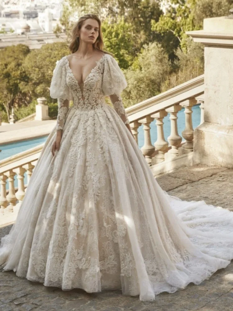 Abiti da sposa con scollo a v principessa maniche lunghe a sbuffo Appliques lunghezza del pavimento abito da sposa classico a-line Boho Vestido De Noiva