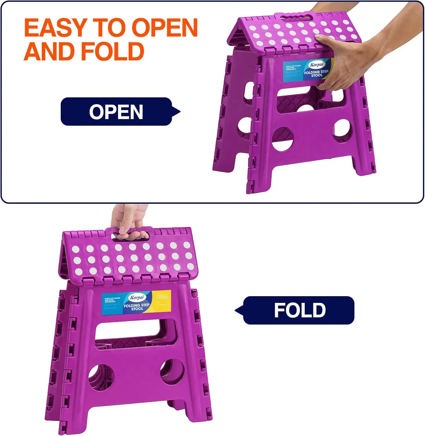 13"" Folding Step Stool For Adults And Kids Holds Up To 300 Lbs,Non-Slip Folding Stools With Portable Handle, Compact Plastic