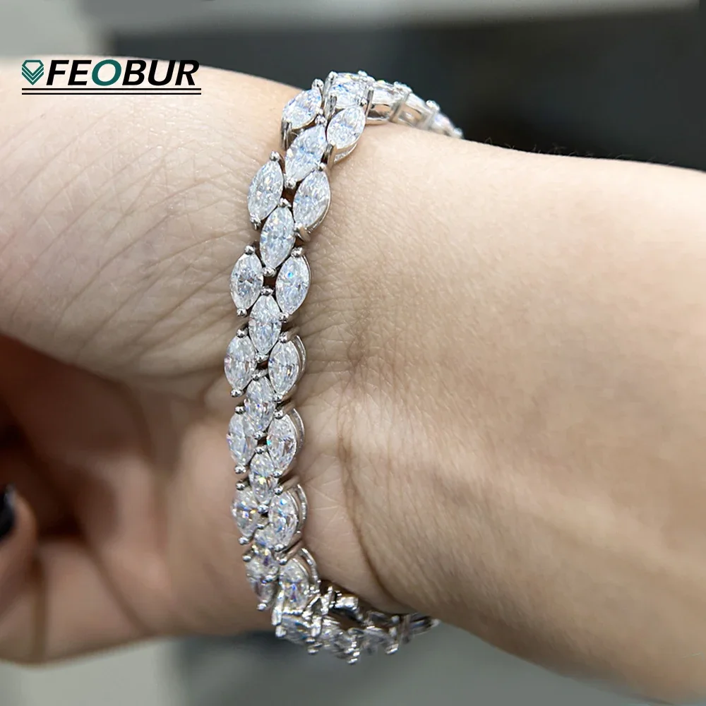 FEOBUR 3*5mm Full Marquise Cut Moissanite Tennis Bracelet for Man Women 925 Sterling Silver Luxury Diamond Bracelets Jewelry GRA