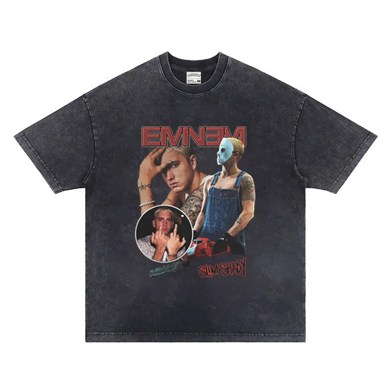 Rapper Eminem Double-sided Print T-shirt Summer Fashion Pure Cotton T Shirt Men\'s Oversized Vintage Wash T-shirts Short Sleeve