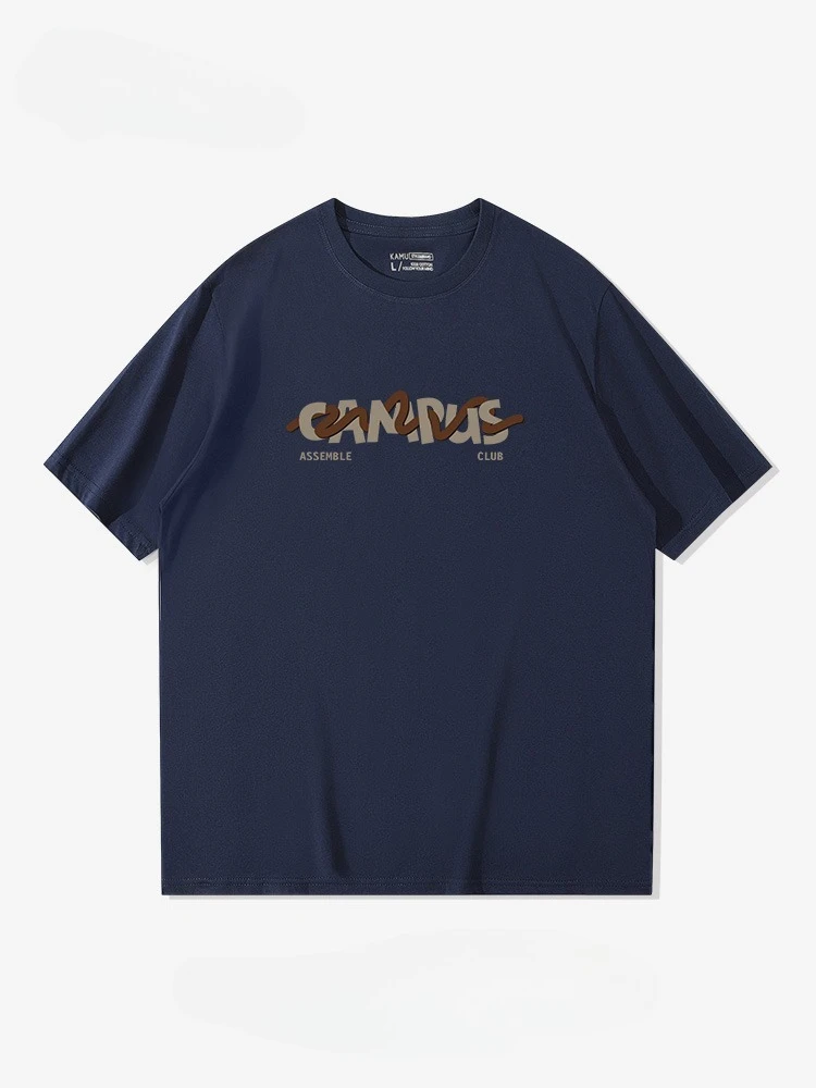 T-shirt a maniche corte con stampa di lettere creative Tide Brand da uomo in puro cotone sciolto casual nero