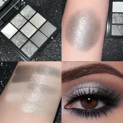 9 Colors Eye shadow Palette, Dark Black Grey Silvery Color Shimmer Matte Finish Smokey Style Stage Party Performance Makeup