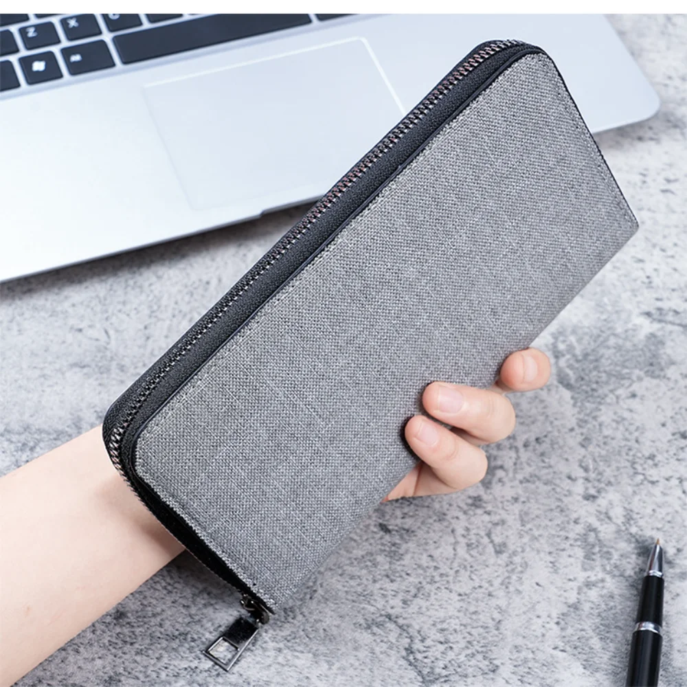 Men Long Wallet Large Capacity Multiple Card Slots Canvas Zippered Purse Business Handbag Card Holder Wallet Coin Bag