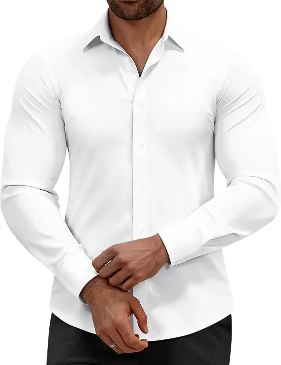 Gentle Dress Shirts  Stretch Slim Fit Long Sleeve Button Down Business Casual Shirts Wrinkle Free Traveler Shirts Top Menswear
