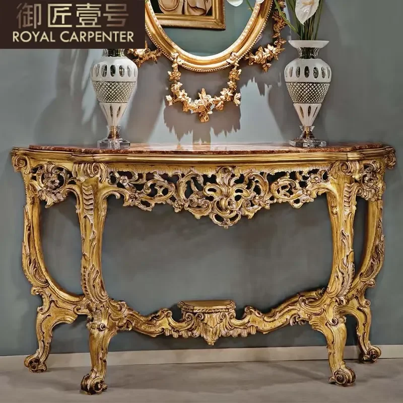 European style villa entrance hall furniture large unit solid wood handmade carved marble foyer table
